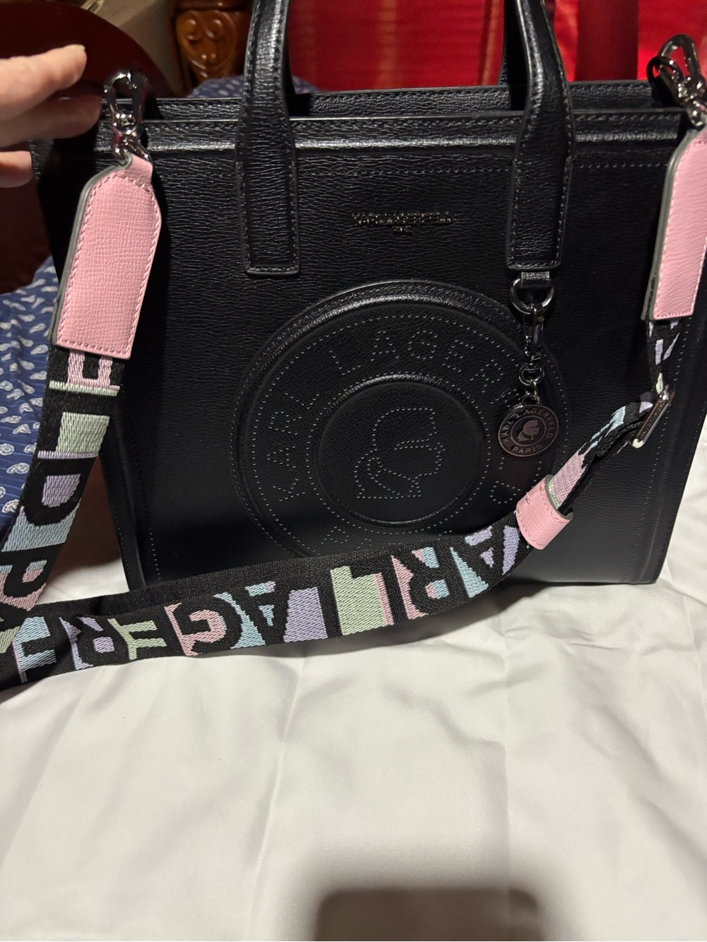 Karl Lagerfeld Black Leather Tote with Pastel Logo Strap